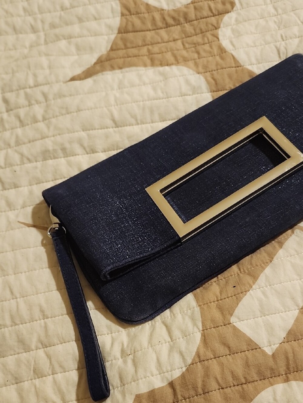 White House Black Market Navy Clutch with Gold Rectangle Hardware - Picture 3 of 4